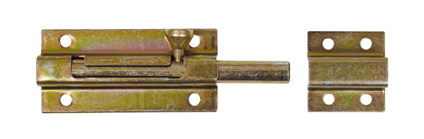 Bolzenriegel mit Knopfgriff, Material: Stahl roh, Oberfläche: galvanisch verzinkt, Dickschichtschutz, mit befestigter Schlaufe, Plattenlänge: 70 mm, Plattenbreite: 33 mm, Bolzen-Ø: 9 mm, Schlaufenbreite: 31 mm, Schlaufenlänge: 33 mm, Gesamtlänge: 110 mm, Anzahl Löcher: 8, Loch: Ø4,5 mm