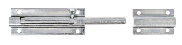Bolzenriegel mit Knopfgriff, Material: Stahl roh, Oberfläche: galvanisch verzinkt, Dickschichtschutz, mit befestigter Schlaufe, Plattenlänge: 90 mm, Plattenbreite: 33 mm, Bolzen-Ø: 9 mm, Schlaufenbreite: 50 mm, Schlaufenlänge: 33 mm, Gesamtlänge: 150 mm, Anzahl Löcher: 8, Loch: Ø4,5 mm