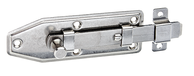 Verrou de fenêtre avec poignée bouton, avec trous de vis fraisés, Matériau: Acier inoxydable, modèle : droit, avec gâche attachée, Longueur de platine: 100 mm, Largeur de platine: 35 mm, Largeur de pêne: 12 mm, Largeur de gâche: 12 mm, Longueur de gâche: 35 mm, Nombre de trous: 7, Trou: Ø3,8 mm