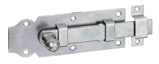 Verrou de porte avec poignée bouton, avec trous de vis fraisés, Matériau: Acier brut, Finition: galvanisée passivée, modèle : droit, avec gâche attachée, Longueur de platine: 140 mm, Largeur de platine: 52 mm, Largeur de pêne: 20 mm, Largeur de la gâche: 16 mm, Longueur de la gâche: 55 mm, Nombre de trous: 6 / 2, Trou: Ø5 / Ø4,5 mm