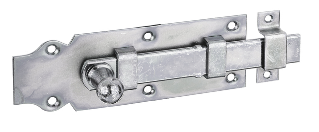 Verrou de porte avec poignée bouton, avec trous de vis fraisés, Matériau: Acier brut, Finition: galvanisée passivée, modèle : droit, avec gâche attachée, Longueur de platine: 160 mm, Largeur de platine: 56 mm, Largeur de pêne: 22 mm, Largeur de la gâche: 16 mm, Longueur de la gâche: 55 mm, Nombre de trous: 6 / 2, Trou: Ø5,3 / Ø4,5 mm