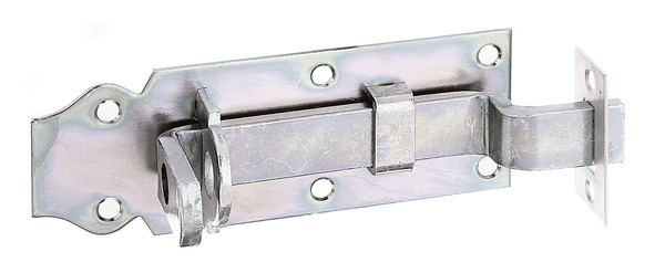 Verrou porte-cadenas avec poignée large, avec trous de vis fraisés, Matériau: Acier brut, Finition: galvanisée passivée, modèle : coudé, avec gâche plate attachée, Longueur de platine: 120 mm, Largeur de platine: 44 mm, Largeur de pêne: 16 mm, Largeur de la gâche: 22 mm, Longueur de la gâche: 40 mm, Nombre de trous: 6 / 2, Trou: Ø5 / Ø4,7 mm