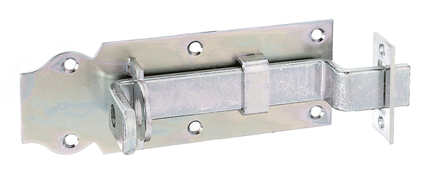 Verrou porte-cadenas avec poignée large, avec trous de vis fraisés, Matériau: Acier brut, Finition: galvanisée passivée, modèle : coudé, avec gâche plate attachée, Longueur de platine: 140 mm, Largeur de platine: 52 mm, Largeur de pêne: 20 mm, Largeur de la gâche: 20 mm, Longueur de la gâche: 47 mm, Nombre de trous: 6 / 2, Trou: Ø5 / Ø4,2 mm