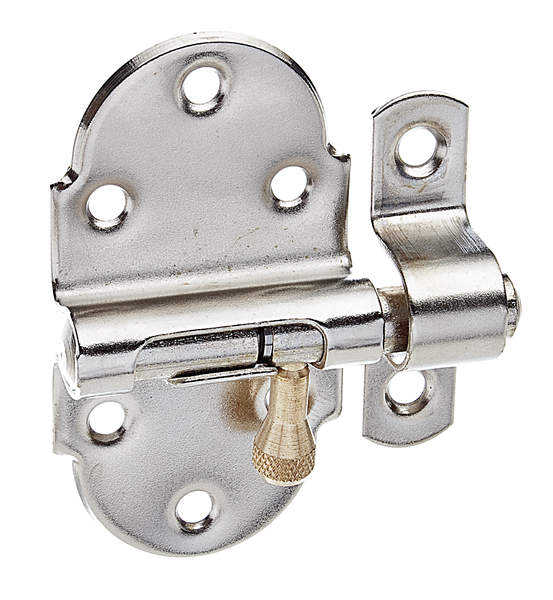 Chiavistello con asta tonda girevole con pomolo in ottone, con molla, con fori per viti incassate, Materiale: acciaio grezzo, superficie: nichelata, lucidata, con guida asta fissata, Lunghezza piastra: 40 mm, Larghezza piastra: 75 mm, Perno-Ø: 9 mm, Larghezza guida asta: 13 mm, Lunghezza guida asta: 52 mm, lunghezza totale: 60 mm, Numero di fori: 8, Foro: Ø4,2 mm