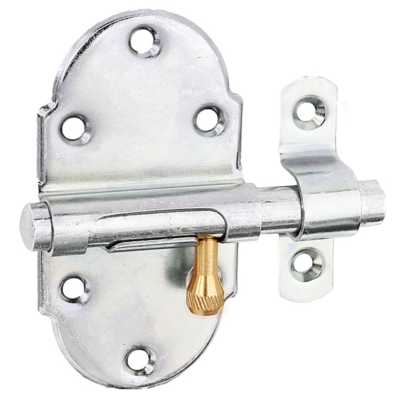 Grendelriegel mit Messing-Knopf, mit Feder, mit versenkten Schraublöchern, Material: Stahl roh, Oberfläche: galvanisch verzinkt, Dickschichtschutz, mit befestigter Schlaufe, Plattenlänge: 45 mm, Plattenbreite: 85 mm, Bolzen-Ø: 10 mm, Schlaufenbreite: 13 mm, Schlaufenlänge: 52 mm, Gesamtlänge: 80 mm, Anzahl Löcher: 8, Loch: Ø4,2 mm