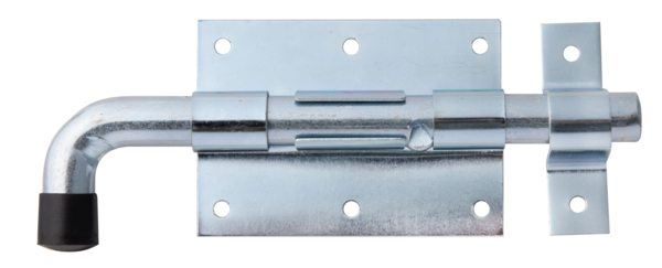 Cerrojo con maneta redonda, Material: Acero crudo, Superficie: galvanizado, con cerradero fijado, Longitud de la pletina: 95 mm, Anchura de la pletina: 67 mm, Pernos-Ø: 15,5 mm, Anchura del cerradero: 18 mm, Longitud del pasador: 67 mm, Longitud total: 178 mm, Número de agujeros: 8, Perforación: Ø5 mm