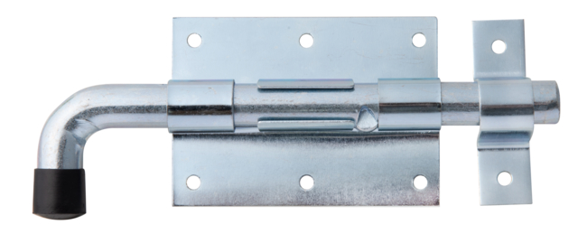 Bolzenriegel mit rundem Griff, Material: Stahl roh, Oberfläche: galvanisch blau verzinkt, mit befestigter Schlaufe, Plattenlänge: 95 mm, Plattenbreite: 67 mm, Bolzen-Ø: 15,5 mm, Schlaufenbreite: 18 mm, Schlaufenlänge: 67 mm, Gesamtlänge: 178 mm, Anzahl Löcher: 8, Loch: Ø5 mm