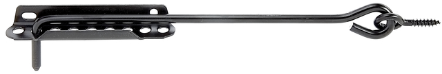 Crochet crémaillère, avec platine d'arrêt ajustable, Matériau: Acier brut, Finition: laquée noire par immersion cataphorèse, à visser, Longueur: 300 mm, Ø crochet: 8 mm, Longueur de platine: 140 mm, Nombre de trous: 2, Trou: 6,5 x 12 mm