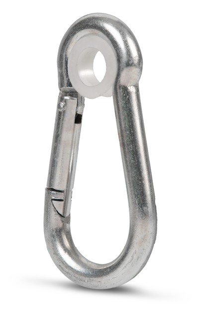 Karabinerhaken, Material: Stahl roh, Oberfläche: galvanisch verzinkt, Dickschichtschutz, zum Durchschrauben, Länge: 100 mm, Breite: 50 mm, Innen-Ø: 11 mm, Öffnung: 13 mm