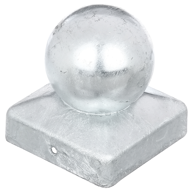 Capuchon de poteau pour poteaux en bois carré, avec boule, avec trous de vis fraisés, Matériau: Acier brut, Finition: galvanisée à chaud, Longueur: 70 mm, Largeur: 70 mm, Ø de la bille: 60 mm