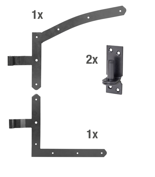 Garden gate fitting set for round arch single gates, Material: raw steel, Surface: yellow galvanised, black powder-coated, for left-opening gates, Contents per PU: 3 Set