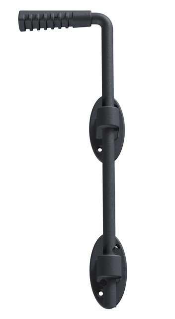 Verrou baïonnette Ovado, avec trous de vis fraisés, Matériau: Acier, Finition: zinguée, plastifiée gris graphite, Hauteur totale: 400 mm, Diamètre: 16 mm, Nombre de trous: 4, Trou: Ø5,5 mm