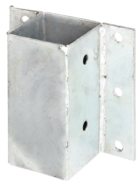 Anclaje para postes para muros y cercaditos de forma L y de forma U, Material: Acero crudo, Superficie: galvanizado en caliente, para atornillar, Longitud de la maceta: 71 mm, Anchura de la maceta: 71 mm, Altura del tubo: 150 mm, Borde exterior de la olla - borde exterior de la placa atornillable: 40 mm, Número de agujeros: 10, Perforación: Ø11 mm