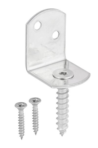 Flechtzaunhalter, L-Form, Material: Edelstahl, Gesamthöhe: 83 mm, Breite: 32 mm, Tiefe: 30 mm, Höhe: 38 mm, Artikelbeschreibung: mit 2 Schrauben, Holzgewinde-Ø: 8 x 45 mm, Antrieb: Innensechsrund (Stern) Größe 30, Materialstärke: 2,00 mm, Anzahl Löcher: 2, Loch: Ø5 mm, Art.-Nr.: 5063038, im Großpack, Hornbach