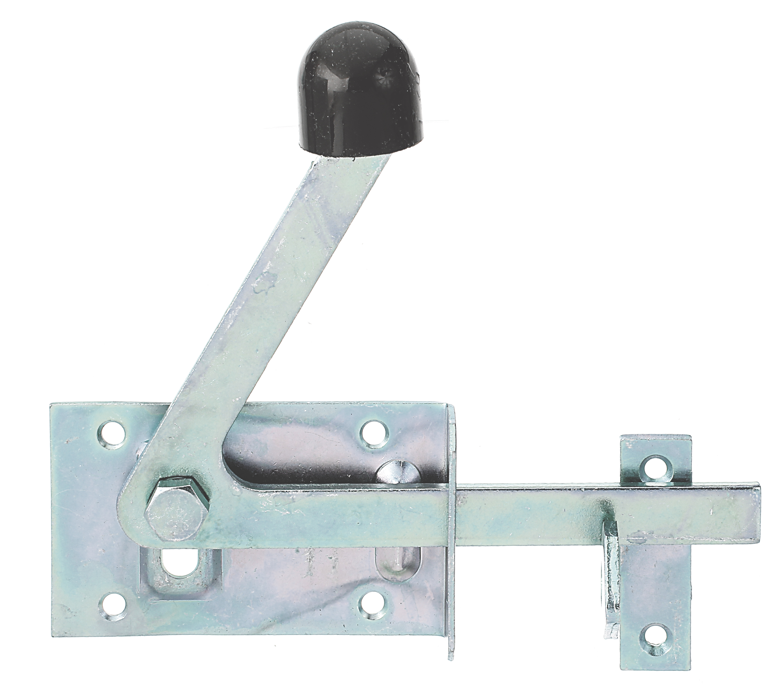 Verrou de portillon spécial pour montants de cadre en bois étroits, avec trous de vis fraisés, avec crochet de béquille, Matériau: Acier brut, Finition: galvanisée passivée, Longueur de platine: 100 mm, Largeur de platine: 60 mm, Nombre de trous: 6, Trou: Ø5,5 mm