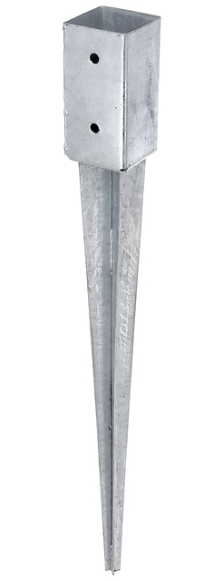 Ancre à enfoncer pour poteaux en bois carrés, Matériau: Acier brut, Finition: galvanisée, à enfoncer, Longueur de pot: 71 mm, Largeur de pot: 71 mm, Hauteur de pot: 150 mm, Longueur totale: 750 mm, Nombre de trous: 4, Trou: Ø11 mm