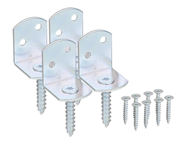 Uchwyt do płotów plecionych, forma L, materiał: stal surowa, powierzchnia: ocynkowana galwanicznie, pasywowana grubowarstwowo, Zawartość J.sp.: 4 szt., Wysokość całkowita: 83 mm, Szerokość: 30 mm, Głębokość: 32 mm, Wysokość: 38 mm, Nacięcie: Torx 30, Grubość materiału: 2,00 mm, Średnica gwintu do drewna: 8 x 45 mm, Ilość otworów: 2, Otwór: Ø5 mm, Opakowanie do sklepów samoobsługowych