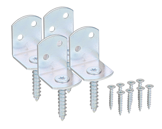 Équerre pour clôture tressée en L, Matériau: Acier brut, Finition: galvanisée passivée, Contenu par UV: 4 Pièce, Hauteur totale: 83 mm, Largeur: 30 mm, Profondeur: 32 mm, Hauteur: 38 mm, Entraînement: Vis Torx de 30 mm, Épaisseur du matériau: 2,00 mm, Filetage à bois-Ø: 8 x 45 mm, Nombre de trous: 2, Trou: Ø5 mm, Emballé SB