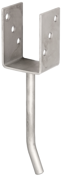 Ancre de poteau en U avec tige à sceller en acier rond, Matériau: Acier inoxydable, à sceller, Largeur d'ouverture: 71 mm, Hauteur: 104 mm, Longueur de l'ancrage de béton: 200 mm, Profondeur: 60 mm, ø ancrage: 16 mm, Épaisseur du matériau: 4,00 mm, Nombre de trous: 6, Trou: Ø11 mm