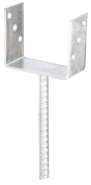 Anclaje para postes de forma U con varilla para hormigonar de acero acanalado, Material: Acero crudo, Superficie: galvanizado en caliente, para empotrar en hormigón, con distintivo CE conforme a ETA-10/0210, Anchura de apertura: 121 mm, Altura: 104 mm, Longitud del anclaje de hormigón: 200 mm, Profundidad: 60 mm, Ø del anclaje: 16 mm, Espesura del material: 4,00 mm, Número de agujeros: 6, Perforación: Ø11 mm, 15 años de garantía contra la corrosión