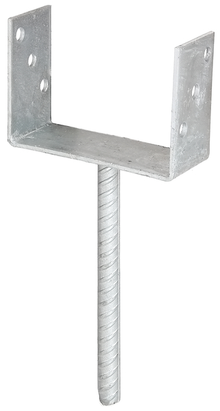 Anclaje para postes de forma U con varilla para hormigonar de acero acanalado, Material: Acero crudo, Superficie: galvanizado en caliente, para empotrar en hormigón, con distintivo CE conforme a ETA-10/0210, Anchura de apertura: 141 mm, Altura: 104 mm, Longitud del anclaje de hormigón: 200 mm, Profundidad: 60 mm, Ø del anclaje: 16 mm, Espesura del material: 4,00 mm, Número de agujeros: 6, Perforación: Ø11 mm, 15 años de garantía contra la corrosión