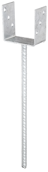 Ancre de poteau en U tige à sceller extra longue en acier cannelé, Matériau: Acier brut, Finition: galvanisée, à sceller, Largeur d'ouverture: 101 mm, Hauteur: 100 mm, Longueur de l'ancrage de béton: 400 mm, Profondeur: 60 mm, ø ancrage: 16 mm, Épaisseur du matériau: 4,00 mm, Nombre de trous: 6, Trou: Ø11 mm