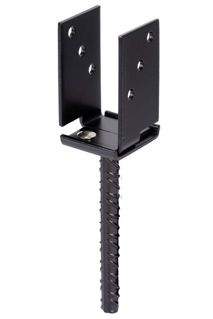 Ancre de poteau en U avec tige à sceller en acier cannelé, modèle : à largeur réglable, Matériau: Acier brut, Finition: zinguée, plastifiée noire, à sceller, largeur intérieure: 71 - 131 mm, Hauteur: 110 mm, Longueur de l'ancrage de béton: 200 mm, Profondeur: 70 mm, ø ancrage: 16 mm, Épaisseur du matériau: 5,00 mm, Nombre de trous: 6, Trou: Ø11 mm, Garantie de 15 ans contre l'oxydation