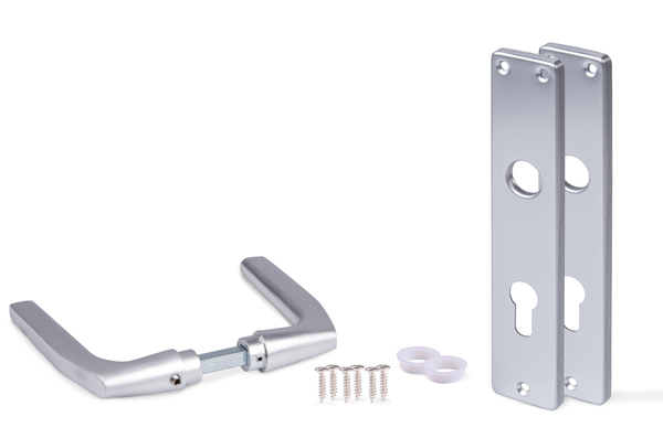 Maniglia per serrature a incastro, Materiale: alluminio, superficie: anodizzata argento, Contenuto per U.I.: 1 Coppia, Altezza piastra lunga: 220 mm, Larghezza della piastra lunga: 40 mm, Larghezza della maniglia: 124 mm, Descrizione articolo: una coppia, perforazione PZ
