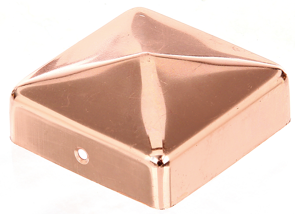 Capuchón para poste de madera, con agujeros para atornillar avellanados, modelo plano, Material: Cobre, Superficie: barnizado (protección anticorrosión mediante barniz transparente), Longitud: 70 mm, Anchura: 70 mm