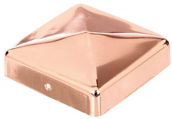 Pfostenkappe für Holzpfosten, eckig, mit versenkten Schraublöchern, flache Form, Material: Kupfer, Oberfläche: zaponiert (Korrosionsschutz durch Klarlack), Länge: 90 mm, Breite: 90 mm