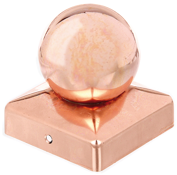 Copripalo per pali in legno, con sfera, con fori per viti incassate, Materiale: rame, superficie: con vernice zapon (vernice incolore anticorrosione), lunghezza: 70 mm, Larghezza: 70 mm, Ø palla: 60 mm