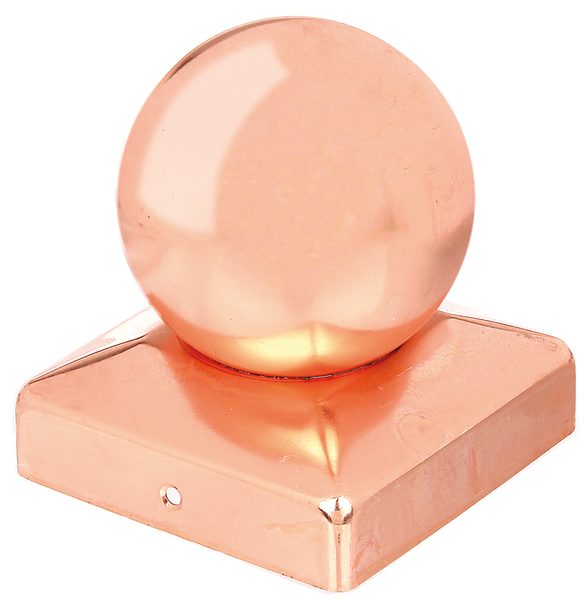 Copripalo per pali in legno, con sfera, con fori per viti incassate, Materiale: rame, superficie: con vernice zapon (vernice incolore anticorrosione), lunghezza: 90 mm, Larghezza: 90 mm, Ø palla: 80 mm