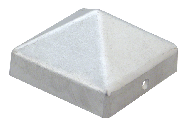 Capuchon de poteau pour poteaux en bois carré, forme haute, avec trous de vis fraisés, Matériau: Fonte d’aluminium, Finition: brute, Longueur: 111 mm, Largeur: 111 mm