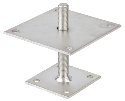 Pied de poteau , modèle : réglable en hauteur, Matériau: Acier brut, Finition: galvanisée, passivée, à visser, Longueur du panneau en haut: 150 mm, Longueur du panneau en bas: 100 mm, Distance par rapport au sol: 30 - 150 mm, Longueur filetée: 150 mm, Épaisseur du matériau: 5,00 mm, Filetage: M20, Nombre de trous: 8, Trou: Ø11 mm