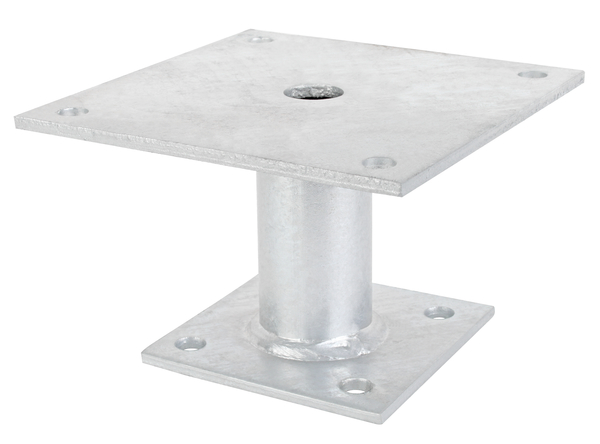 Anclaje para postes, Material: Acero crudo, Superficie: galvanizado en caliente, para atornillar, Longitud del panel superior: 150 mm, Longitud y anchura de la pletina abajo: 100 mm, Altura libre del suelo: 100 mm, Altura: 100 mm, Grosor de la placa: 5 mm, Ø del tubo: 42 mm, Número de agujeros: 8, Perforación: Ø11 mm, 15 años de garantía contra la corrosión