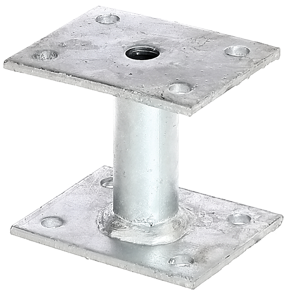 Anclaje para postes, Material: Acero crudo, Superficie: galvanizado en caliente, para atornillar, Longitud de la pletina abajo: 90 mm, Anchura de la pletina abajo: 70 mm, Longitud del panel superior: 70 mm, Anchura del panel superior: 90 mm, Distancia borde interior pletina superior - borde interior pletina inferior: 78 mm, Grosor de la placa: 4 mm, Ø del tubo: 27 mm, Número de agujeros: 8, Perforación: Ø9 mm, 15 años de garantía contra la corrosión