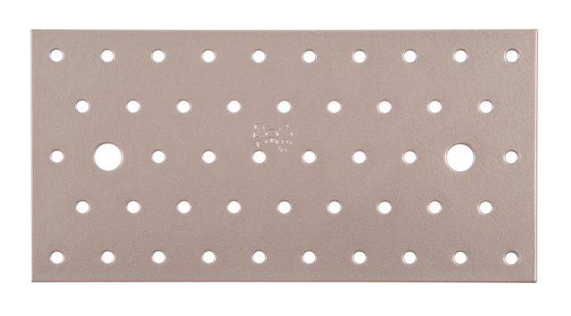DURAVIS® Lochplatte, Material: Stahl, sendzimirverzinkt, Oberfläche: perlbeige duplexbeschichtet RAL 1035, mit Kennzeichnung nach EN 14545, Länge: 200 mm, Breite: 100 mm, Materialstärke: 2,00 mm, Anzahl Löcher: 2 / 46, Loch: Ø11 / Ø5 mm, 20 Jahre Garantie gegen Durchrosten, CutCase