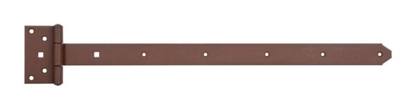 DURAVIS® Kreuzgehänge, mit vernietetem Stift, Material: Stahl, blau verzinkt, Oberfläche: rostbraun duplexbeschichtet, Bandlänge: 591 mm, Scharnierbreite: 59 mm, Scharnierlänge: 103 mm, Bandbreite: 40 mm, Materialstärke: 3,50 mm, Anzahl Löcher: 9 / 2, Loch: Ø6,5 / 9 x 9 mm, 20 Jahre Garantie gegen Durchrosten