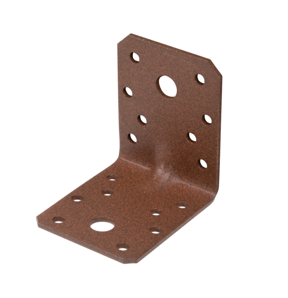 DURAVIS® Schwerlast-Winkelverbinder mit Sicke, Material: Stahl, sendzimirverzinkt, Oberfläche: rostbraun duplexbeschichtet, mit CE-Kennzeichnung nach ETA-08/0165, Tiefe: 70 mm, Höhe: 70 mm, Breite: 55 mm, Materialstärke: 2,50 mm, Anzahl Löcher: 2 / 16, Loch: Ø11 / Ø5 mm, 20 Jahre Garantie gegen Durchrosten, CutCase