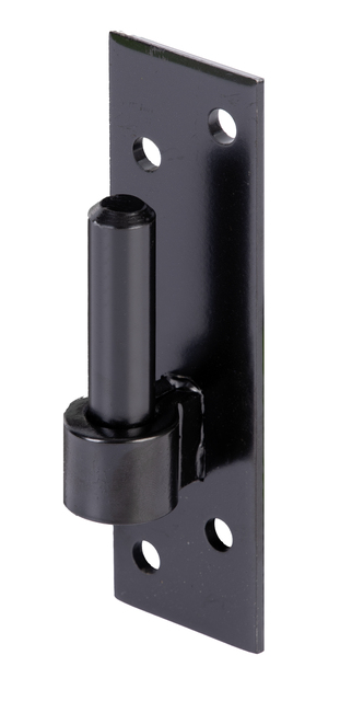 Gond sur platine crochet DI, Matériau: Acier brut, Finition: laquée noire par immersion cataphorèse, Distance axe-Ø: 14 mm, Entraxe axe - platine: 12 mm, Hauteur de platine: 130 mm, Largeur de platine: 40 mm, Longueur axe: 45 mm, Épaisseur du matériau: 4,00 mm, Nombre de trous: 4, Trou: Ø7 mm
