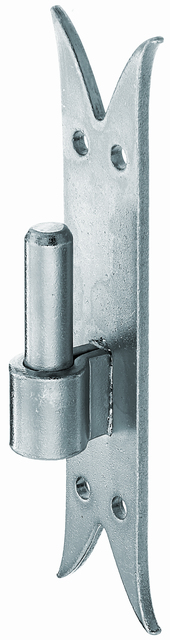 Gond sur platine Crochet DI, bout queue de carpe, Matériau: Acier brut, Finition: zinguée, Distance axe-Ø: 16 mm, Entraxe axe - platine: 13 mm, Hauteur de platine: 205 mm, Largeur de platine: 54 mm, Longueur axe: 45 mm, Épaisseur du matériau: 5,00 mm, Nombre de trous: 4, Trou: Ø8 mm