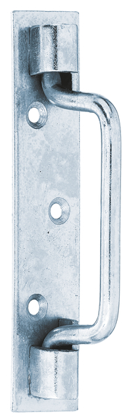 Uchwyt do bram, typ St. Etienne, z wpuszczonymi otworami na śruby, materiał: stal surowa, powierzchnia: ocynkowana galwanicznie, pasywowana na niebiesko, Długość: 142 mm, Szerokość: 30 mm, Średnica uchwytu: 7 mm, Ilość otworów: 3, Otwór: Ø5,5 mm