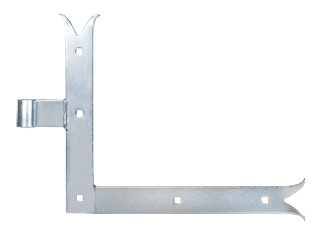 Penture équerre bout queue de carpe, Matériau: Acier brut, Finition: zinguée, Hauteur: 250 mm, Longueur: 300 mm, ø gond: 14 mm, Largeur: 35 mm, Entraxe entre le milieu de la penture et le milieu du gond: 68 mm, Description de l'article: haut, Épaisseur du matériau: 4,00 mm, Nombre de trous: 5, Trou: 7,5 x 7,5 mm