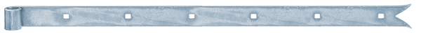 Zawias pasowy prosty, zakończenie ozdobne, materiał: stal surowa, powierzchnia: ocynkowana galwanicznie, pasywowana na niebiesko, Długość: 1160 mm, Średnica rolki: 16 mm, Szerokość: 40 mm, Szerokość ogona karpia: 55 mm, Grubość materiału: 5,00 mm, Liczba otworów: 8, Otwór: 7,5 x 7,5 mm