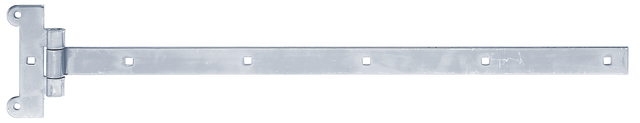Penture anglaise, avec l'axe pressé, Matériau: Acier brut, Finition: zinguée, Longueur de penture: 591 mm, Largeur de charnière: 45 mm, Longueur de charnière: 115 mm, Largeur de penture: 30 mm, Épaisseur du matériau: 4,00 mm, Nombre de trous: 2 / 6, Trou: Ø6,8 / 7,5 x 7,5 mm