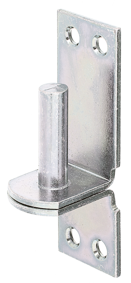 Gond sur platine Crochet DII, avec trous de vis fraisés, Matériau: Acier brut, Finition: galvanisée passivée, Distance axe-Ø: 13 mm, Entraxe axe - platine: 25 mm, Hauteur de platine: 100 mm, Largeur de platine: 35 mm, Longueur axe: 40 mm, Épaisseur du matériau: 3,50 mm, Nombre de trous: 4, Trou: Ø6 mm