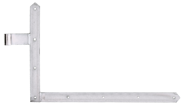 Penture équerre, Matériau: Acier brut, Finition: galvanisée passivée, Hauteur: 400 mm, Longueur: 600 mm, ø gond: 16 mm, Largeur: 40 mm, Entraxe entre le milieu de la penture et le milieu du gond: 105 mm, Description de l'article: bas, Épaisseur du matériau: 5,00 mm, Nombre de trous: 7 / 1, Trou: Ø7 / 9 x 9 mm