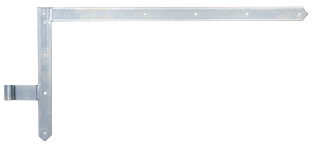 Penture équerre, Matériau: Acier brut, Finition: galvanisée passivée, Hauteur: 400 mm, Longueur: 800 mm, ø gond: 16 mm, Largeur: 40 mm, Entraxe entre le milieu de la penture et le milieu du gond: 105 mm, Description de l'article: haut, Épaisseur du matériau: 5,00 mm, Nombre de trous: 8 / 1, Trou: Ø7 / 9 x 9 mm