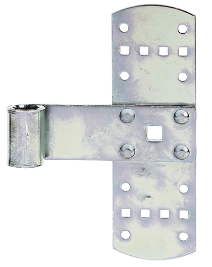 Penture en T, Matériau: Acier brut, Finition: galvanisée passivée, Hauteur: 160 mm, Largeur: 50 mm, ø gond: 13 mm, Entraxe entre le milieu de la penture et le milieu du gond: 75 mm, Épaisseur du matériau: 2,00 mm, Nombre de trous: 8 / 8 / 1, Trou: Ø5 / 5,5 x 5,5 / 9 x 9 mm