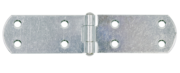 Charnière de malle, avec goupille rivetée, avec trous de vis fraisés, Matériau: Acier brut, Finition: zinguée, Longueur: 156 mm, Largeur: 35 mm, Épaisseur du matériau: 2,00 mm, Nombre de trous: 8, Trou: Ø5,5 mm, Article France
